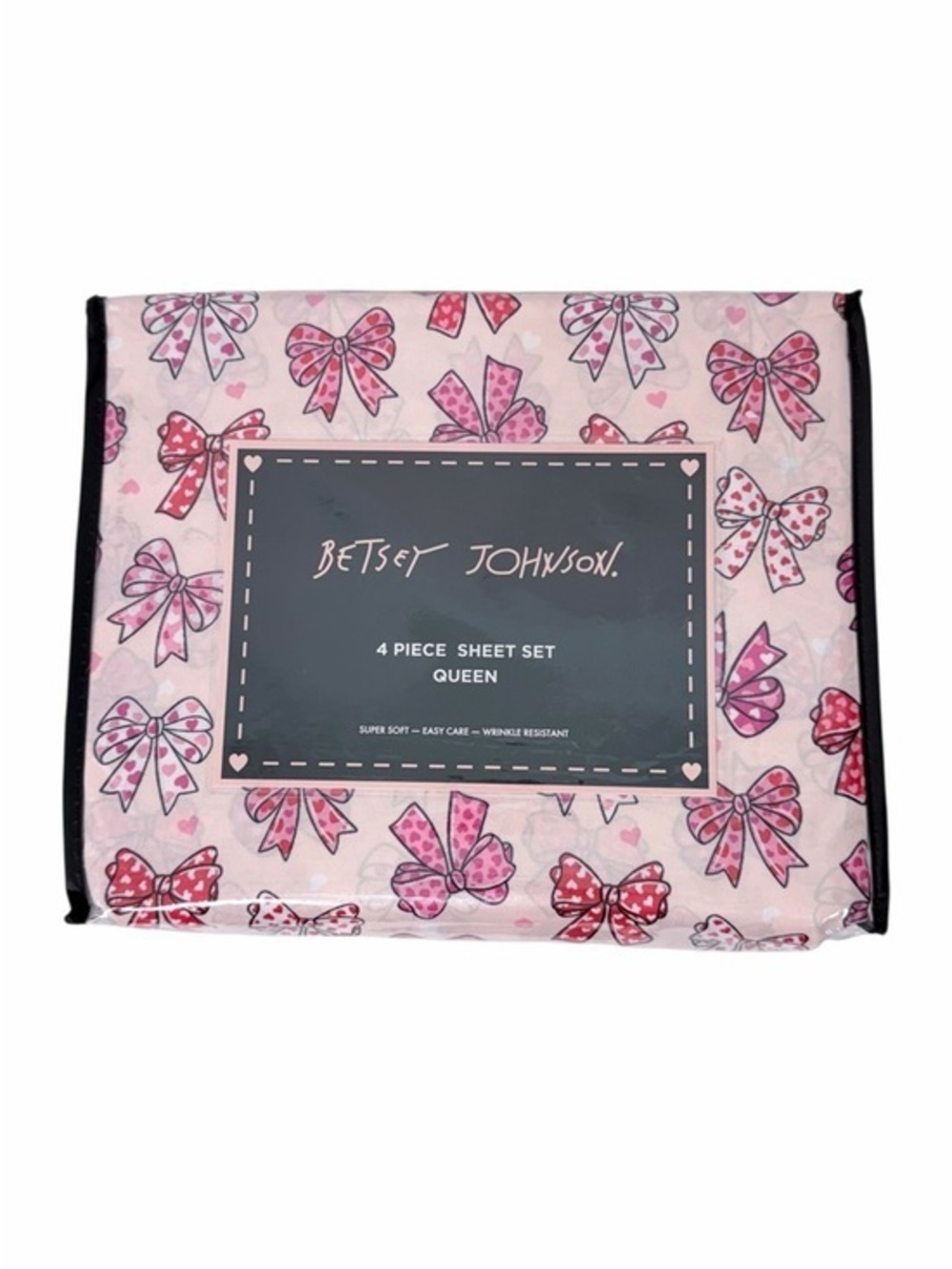Betsey Johnson Queen Sheet Set Pink Bow Heart Print 4 Piece Bedding